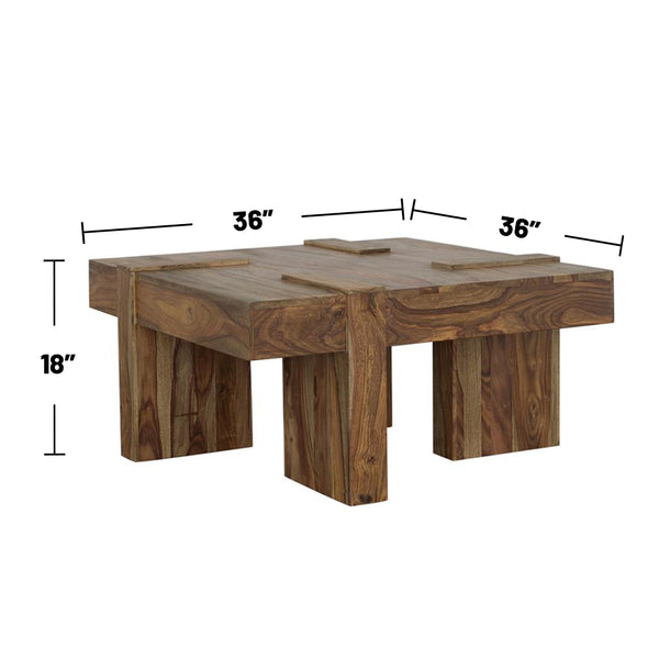 English Elm Square Solid Sheesham Coffee Table with Natural Finish, Geometric Design, Durable Rustic Centerpiece B016P380962