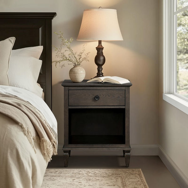 English Elm Victoria Aged Oak Nightstand with Solid Wood Legs, Wire-Brushed Veneer, Drawer & Open Shelf Brown 27.25 L x 22.75 W x 27.25 H B035P341166