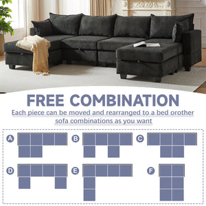 English Elm 113.5'' Modular Sectional Sofa with Storage Ottoman, Convertible U or L Shape Sleeper for 6 Seats Black W834S00250