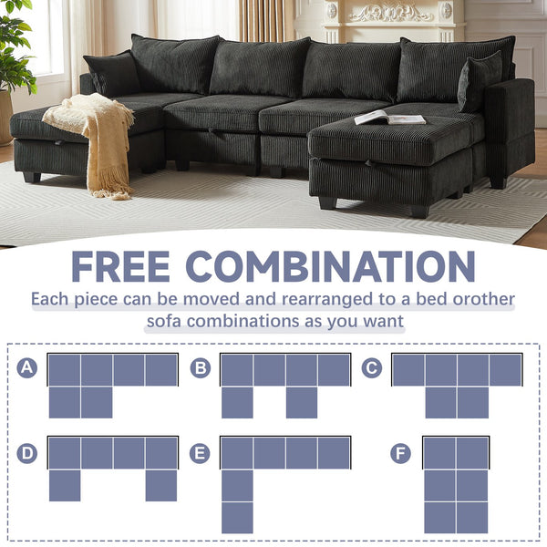 English Elm 113.5'' Modular Sectional Sofa with Storage Ottoman, Convertible U or L Shape Sleeper for 6 Seats Black W834S00250