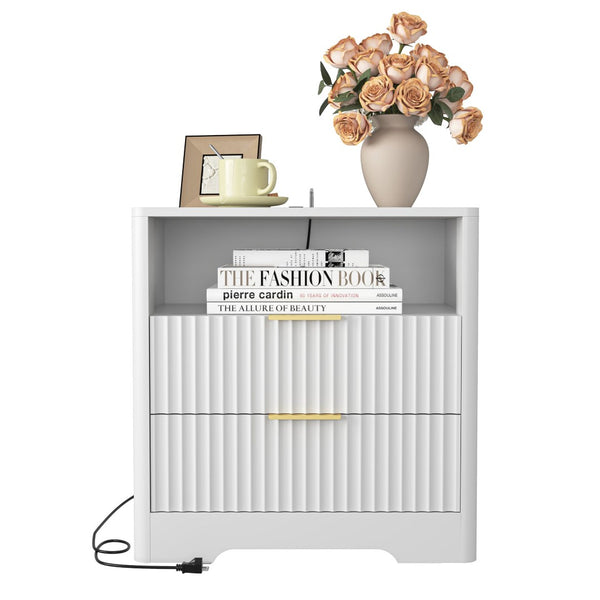 English Elm Nightstand with Usb Charging Ports Ac Outlet Night Light and Cabinet for Bedroom W1321P399421