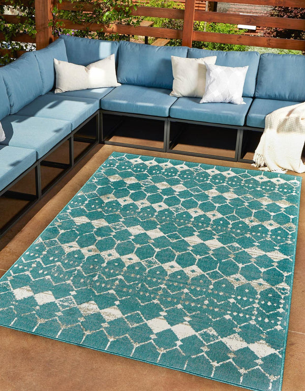 Unique Loom Outdoor Trellis Cardak Machine Made Geometric Rug Teal, Ivory/Gray 5' 3" x 8' 0"