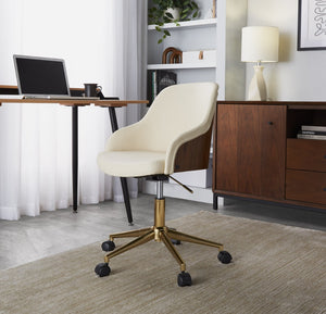 English Elm Office Swivel Chair with Gold Base Walnut Accents and Cream Faux Leather Seat B202P474168