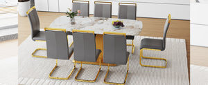 English Elm Table Luxurious 9-Piece Dining Set With Patterned Glass Top And Golden Legs, 8 Dark Gray Pu Chairs W1151S03236-GIGA