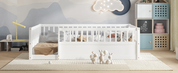 English Elm Twin Montessori Floor Bed Frame for Kids – Pine Playroom Bed with Fence for Reading & Imaginative Play White W1580P307878