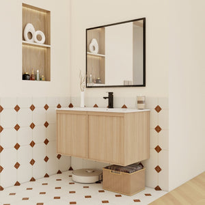 English Elm 36" Floating Bathroom Vanity Light Oak Modular Cabinet with Gel Coat Integrated Sink Glossy White,Light Oak W3450S00067