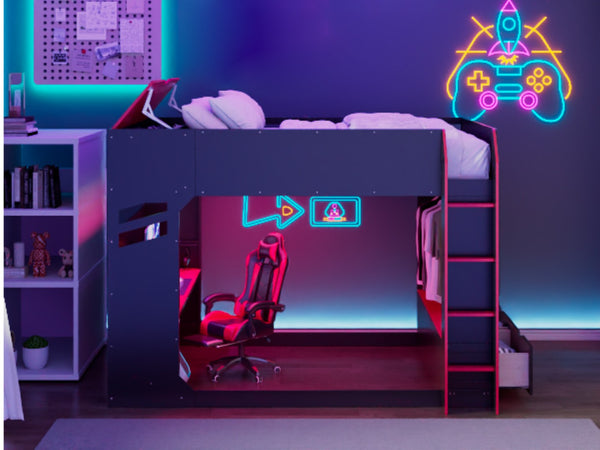 English Elm Full Size Loft Bed with Rgb Lighting Desk Drawers Hanging Rod Teen Bedroom Red LT000288AAJ-1