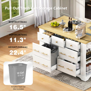 English Elm K&K Rustic Kitchen Island Cart with 6 Drawers, Pull-Out Trash Cabinet, Drop Leaf & Built-In Charging Station White N707P307292W