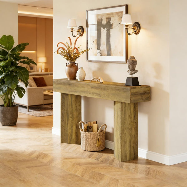 English Elm Wood Solid Fir Console Table Handcrafted Farmhouse Style for Entryway or Sofa T3971P449535