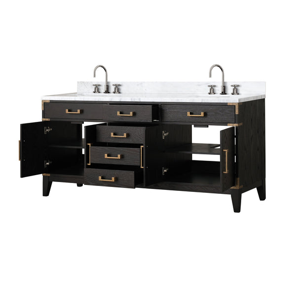English Elm Black Oak Double Bath Vanity With 72" Carrara Marble Top, Faucet Set & Soft-Close Drawers Included B2731P260952