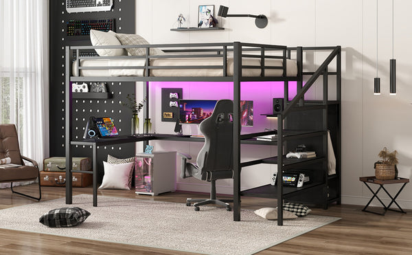 English Elm Twin Xl Metal Loft Bed with Stair Storage Shelves Sturdy Steel Frame for Dorms W1580S00545
