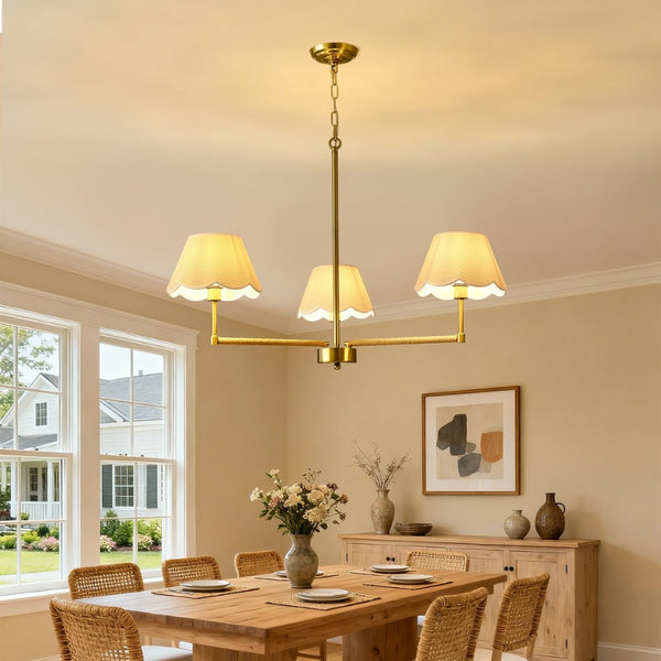 English Elm 3-light Gold Rope Wrapped Chandelier with Fabric Shades for Dining and Living Rooms W5008P391554