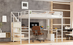 English Elm Queen Size Loft Bed With L-Shaped Desk, Usb Charging & Led Lights - Stylish Storage For All Spaces W1580S00181-GIGA