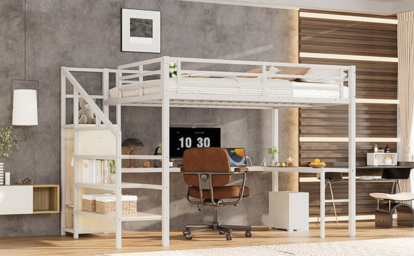 English Elm Queen Size Loft Bed With L-Shaped Desk, Usb Charging & Led Lights - Stylish Storage For All Spaces W1580S00181-GIGA