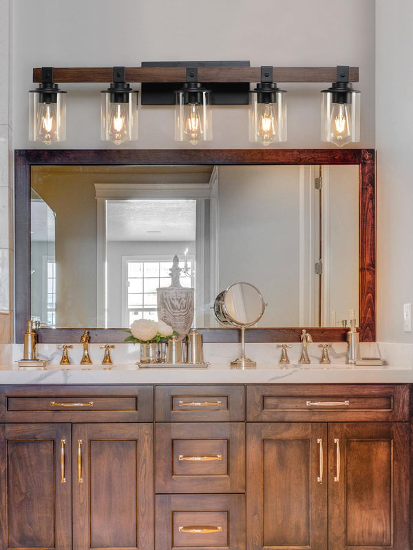 English Elm 35" Rustic 5-Light Vanity Light with Clear Glass Shades and Real Wood Accent, Industrial Farmhouse Fixture W2312P374784