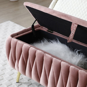 English Elm Oval Teddy Fabric Storage Bench with Gold Legs — 43.4" Large Upholstered Ottoman for Entryway Seating and Hidden Organization Dark Pink W1117P184679
