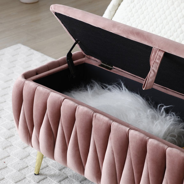 English Elm Oval Teddy Fabric Storage Bench with Gold Legs — 43.4" Large Upholstered Ottoman for Entryway Seating and Hidden Organization Dark Pink W1117P184679