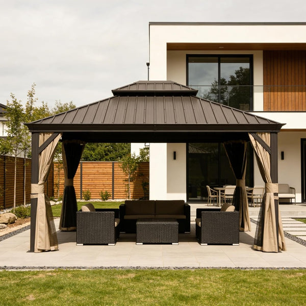 English Elm 13x13ft Hardtop Gazebo Galvanized Steel Vented Double Roof with Curtains Netting Patio Brown W1859S00202