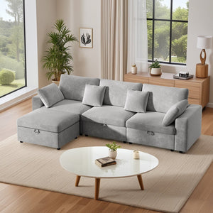 English Elm 118" Velvet L Shaped Sectional with Storage Ottoman and Deep Cloud Cushions W3716S00014