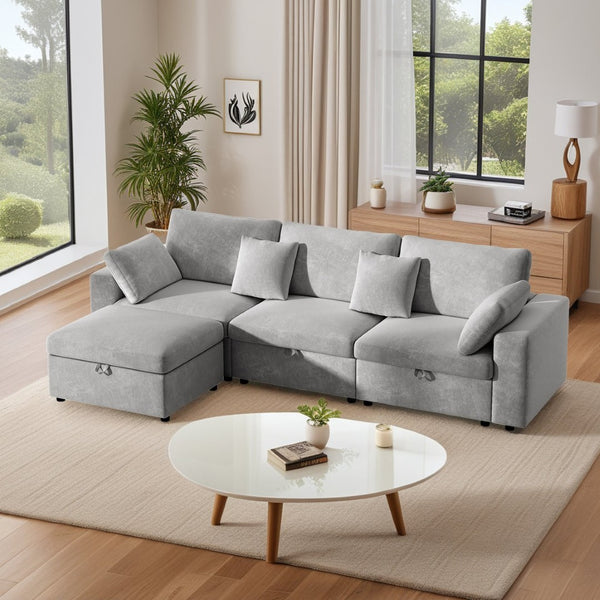 English Elm 118" Velvet L Shaped Sectional with Storage Ottoman and Deep Cloud Cushions W3716S00014