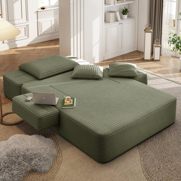 English Elm Luxurious Corduroy Frameless Chaise with Sleeper Conversion Foam Cushioning and Storage Pocket Green W3219P459765