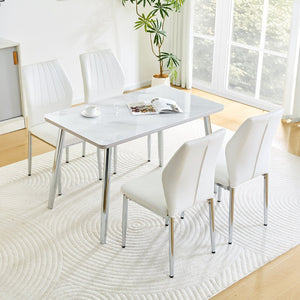 English Elm Table and Chair Set Marble Glass Top Silver Legs Four Seat Modern Dining W1151S04641