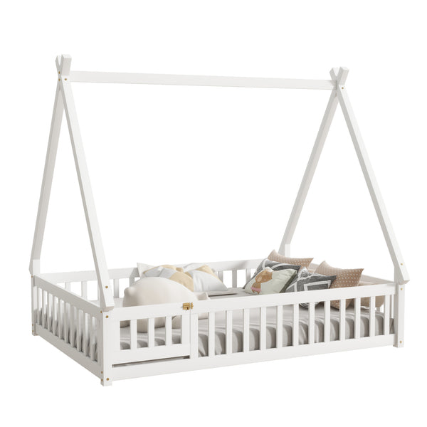 English Elm Full Size Tent-Shaped Floor Bed In White - Rubberwood Frame With Guardrails, Slats & Cozy Door W504P345787
