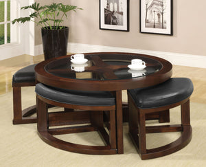 English Elm Dark Walnut Modern Coffee Table Set with 4 Wedge Ottomans, 5mm Beveled Glass Top, 40" Dia x19"H B011P246328