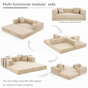 English Elm Full Foam Modular Sofa Bed Corduroy Upholstered Convertible Lounger for Studio Apartments Beige W3326P450777