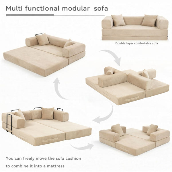 English Elm Full Foam Modular Sofa Bed Corduroy Upholstered Convertible Lounger for Studio Apartments Beige W3326P450777
