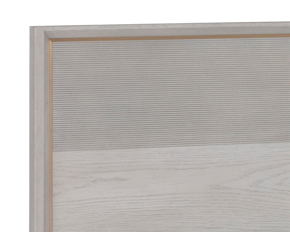 Sunpan Cordoba Queen Bed - Rustic Solid Oak with Pearl River Grey Finish & Gold Iron Inlay for Elegance