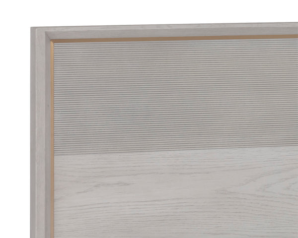 Sunpan Cordoba Queen Bed - Rustic Solid Oak with Pearl River Grey Finish & Gold Iron Inlay for Elegance