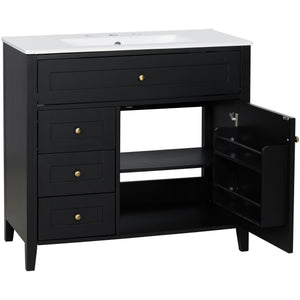 English Elm 36-Inch Black Bathroom Vanity With Sink – Modern Design, 3 Drawers, Adjustable Shelf For Storage N725P350821B
