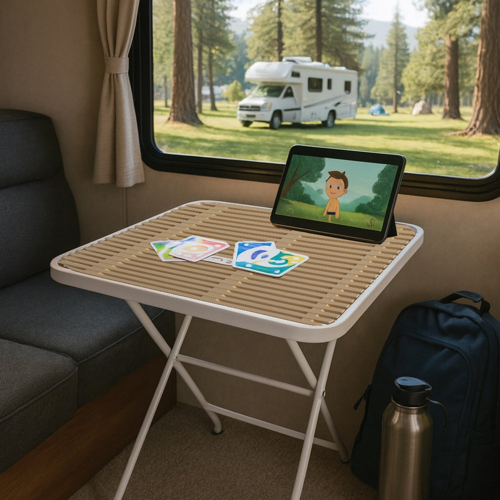 English Elm Modern folding square table — UV-stable polypropylene top, powder-coated metal legs, 220 lb capacity, weatherproof W3450P323340