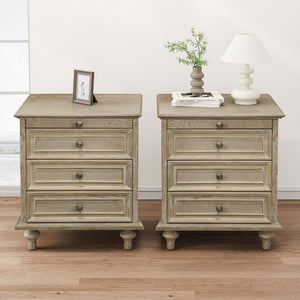 English Elm Farmhouse Nightstand Pine Wood Four Drawer Storage with Pull Out Tray Gourd Legs Natural+White W1716P399642
