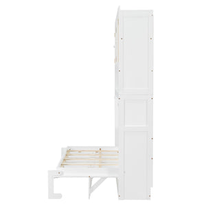 English Elm Twin Murphy Bed with Rattan Cabinet Doors Led Lighting and Usb Charging for Small Spaces White LP000740AAK