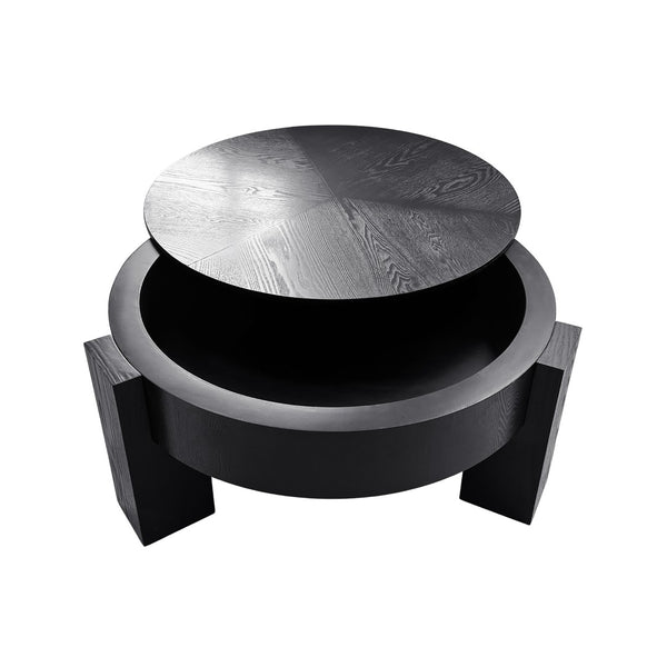English Elm 33'' Round Coffee Table Parquet Veneer Flip Top Hidden Storage Wabi-sabi Living Room Black W1435P419322