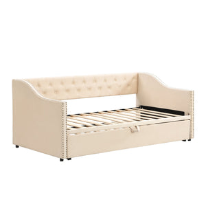 English Elm Twin Upholstered Daybed with Pop-Up Trundle, Space-Saving Guest Bed with Slats, Hydraulic Wheels, 81.9" L Beige SF000133AAA