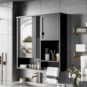 English Elm 29'' Modern Wall Mounted Medicine Cabinet with Mirror, Spacious Adjustable Shelves, Towel Bar and Durable MDF Finish Black N710P209440B