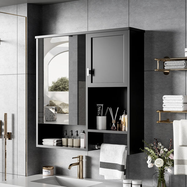 English Elm 29'' Modern Wall Mounted Medicine Cabinet with Mirror, Spacious Adjustable Shelves, Towel Bar and Durable MDF Finish Black N710P209440B