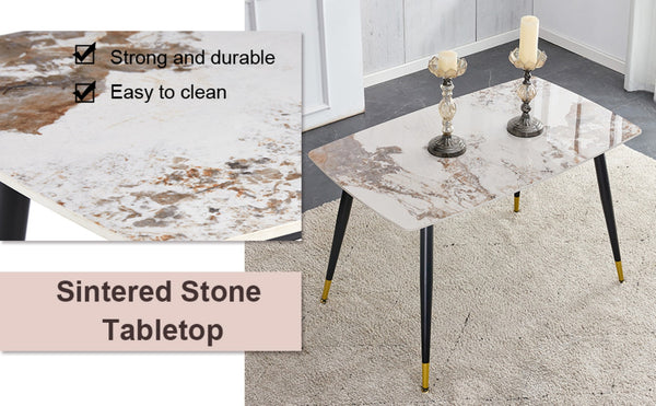 English Elm Table And Chair Set - Elegant 4-Seater Sintered Stone Dining Table With White Pu Chairs For Comfort W1151S04206-GIGA