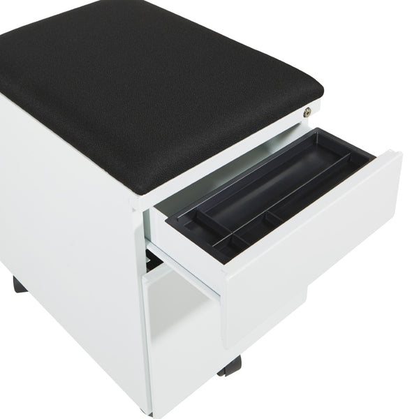 OSP Home Furnishings Mobile Steel File Cabinet with Padded Seat Locking Drawers and Casters for Home Office BXPMC22BF-WH