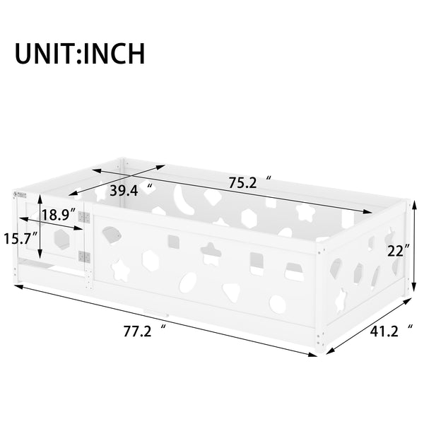 English Elm Twin Floor Bed with Safety Guardrails & Door in White — Solid Poplar Frame, Low Profile, Kids' Cozy Hideaway W1820P240540