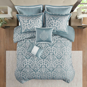 JLA Home Madison Park - 8 Jacquard Comforter Set Odette – Luxe Damask Texture, Overfilled Warmth, Aqua Reverse, 8-Piece Hotel Look MP10-8081