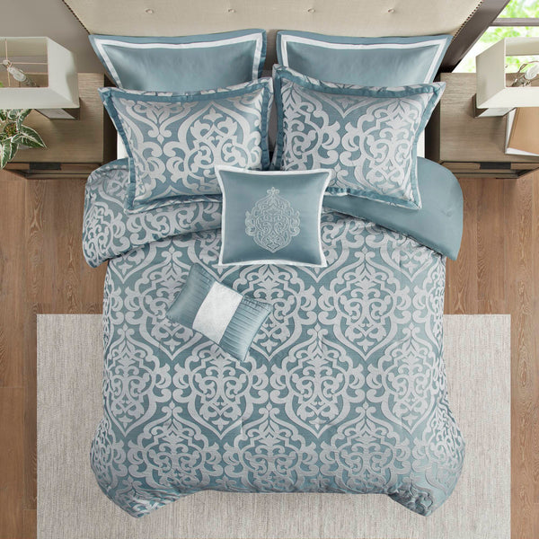 JLA Home Madison Park - 8 Jacquard Comforter Set Odette – Luxe Damask Texture, Overfilled Warmth, Aqua Reverse, 8-Piece Hotel Look MP10-8081