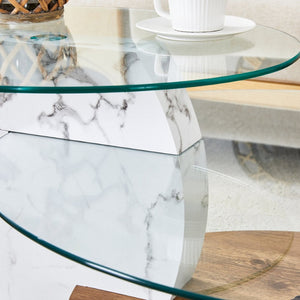 English Elm Contemporary Dual Tier Oval Glass Coffee Table with Marble and Wood Tone Base W1151P233589