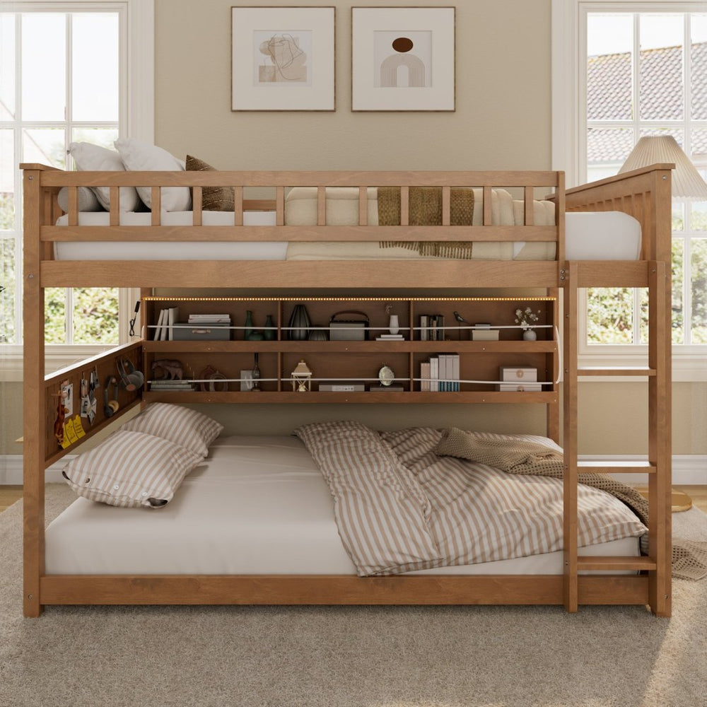 English Elm Full Over Bunk Bed with Led Lighting Pegboard Shelving and Pine Wood Frame Brown LT000278AAP