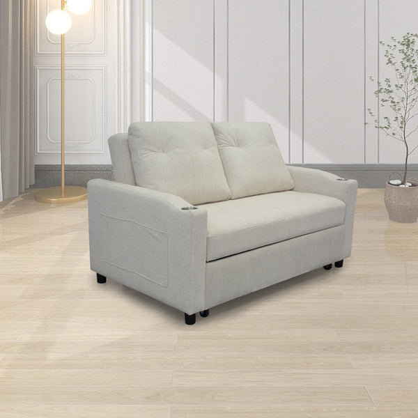 English Elm 1 Versatile Foldable Sofa Bed in Beige Velvet – 3-Length Convertible Pull-Out with USB, Storage, Swivel Phone Stand and Ashtray W1183S00014