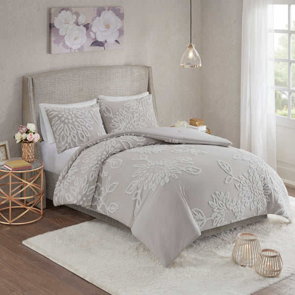 English Elm 3 Madison Park Veronica Tufted Chenille Floral Comforter Set Full/Queen Hypoallergenic Farmhouse Chic Warm Grey+White 18.9 L x 23.62 W x 11.42 H B035128914