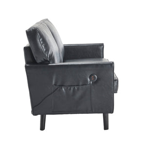 English Elm Loveseat Mid Century Modern Two-Seater Sofa with USB Type-C Charging, Removable Zipper Covers, Durable Wood Legs Black PU W395P238820